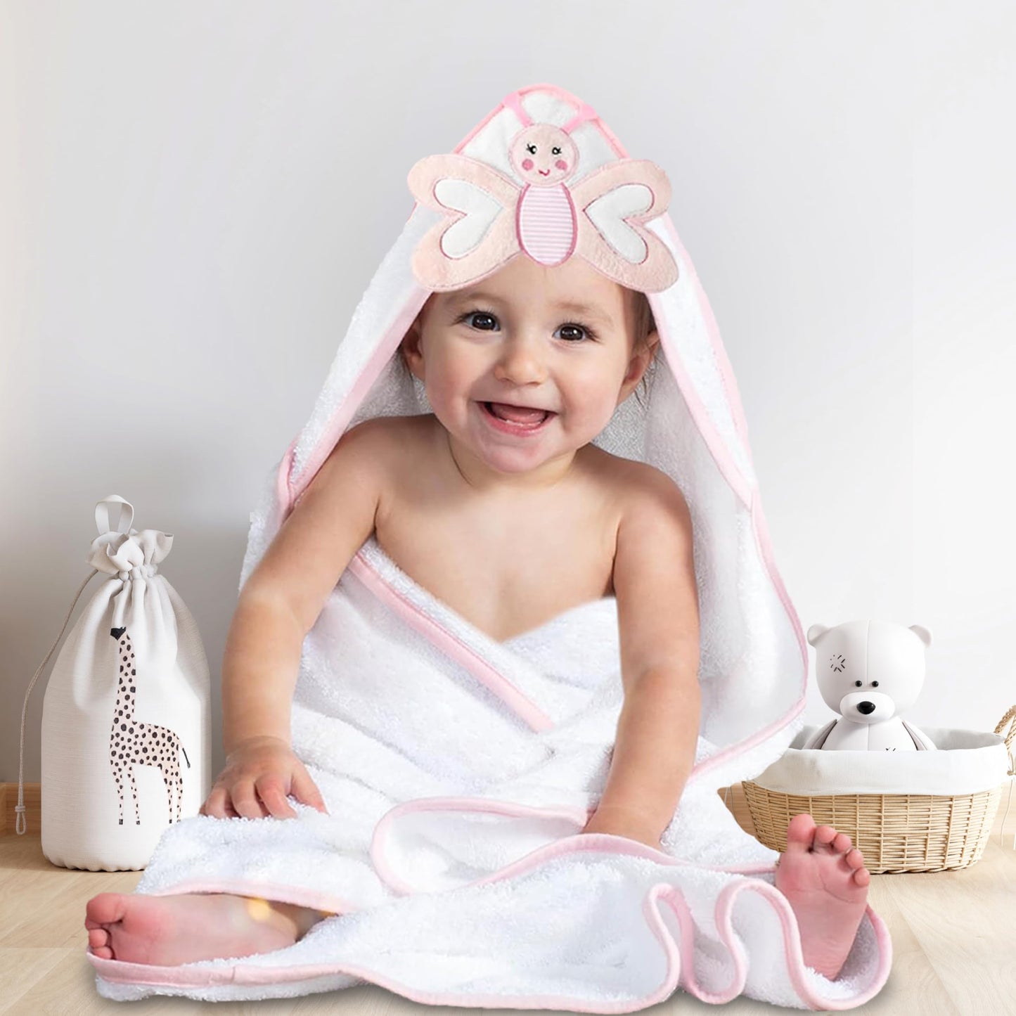 Mother's Choice Baby Hooded Towel - Large 33x33 Inch, 100% Cotton, Ultra-Soft & Absorbent Bath Towel for Newborns, Infants, Boys & Girls (Butterfly)