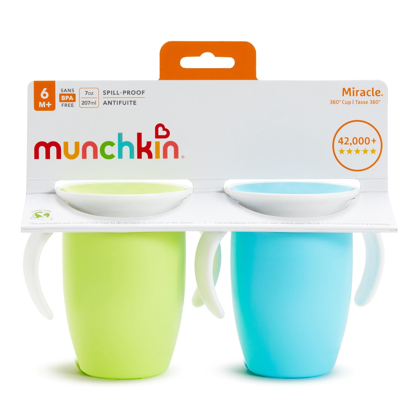 Munchkin Sippy Cup for 6 Month Old and Up, Spill Proof Miracle 360 Toddler Cups with Transition Handles, 7 Ounce, 2 Pack, Blue/Green