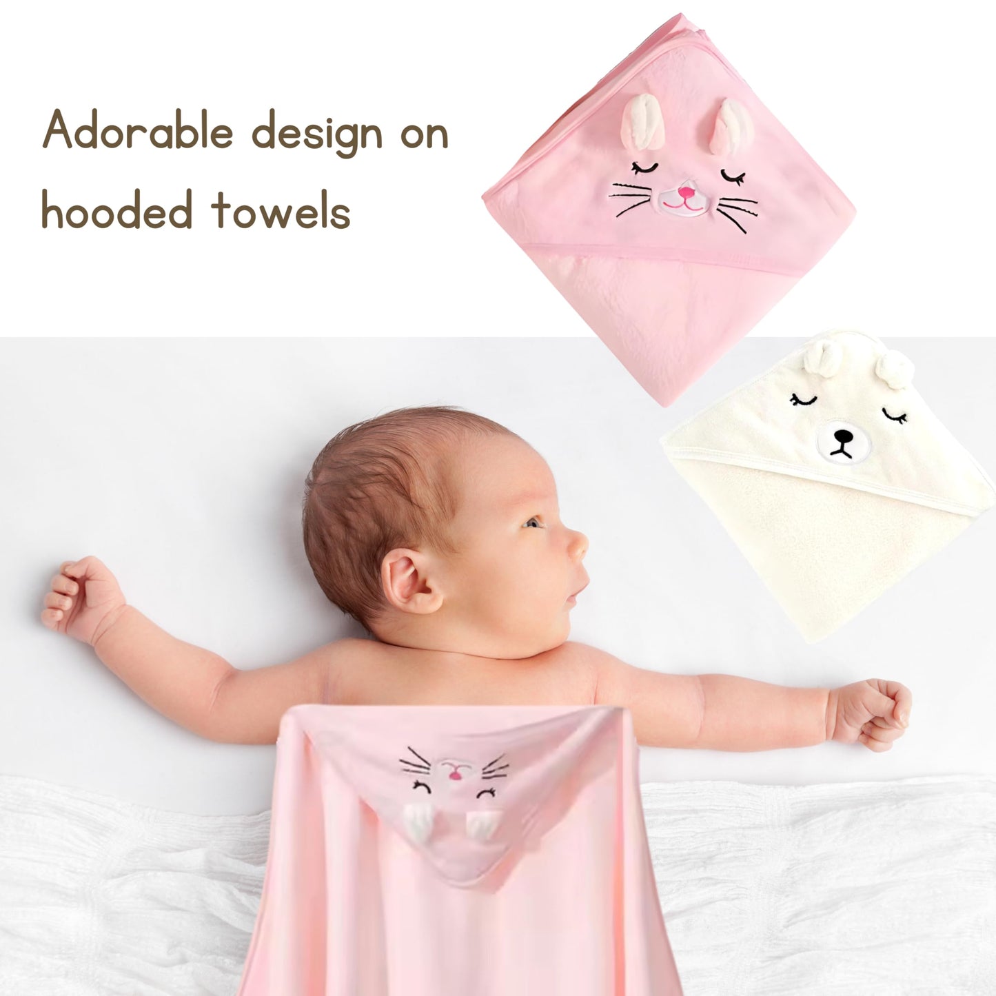 2 Pack Soft Baby Bath Towels with Cute Design. Absorbent Baby Towels for Newborn Gift Set of Hooded Towels for Baby Boys Girls and Neutral (Pink)