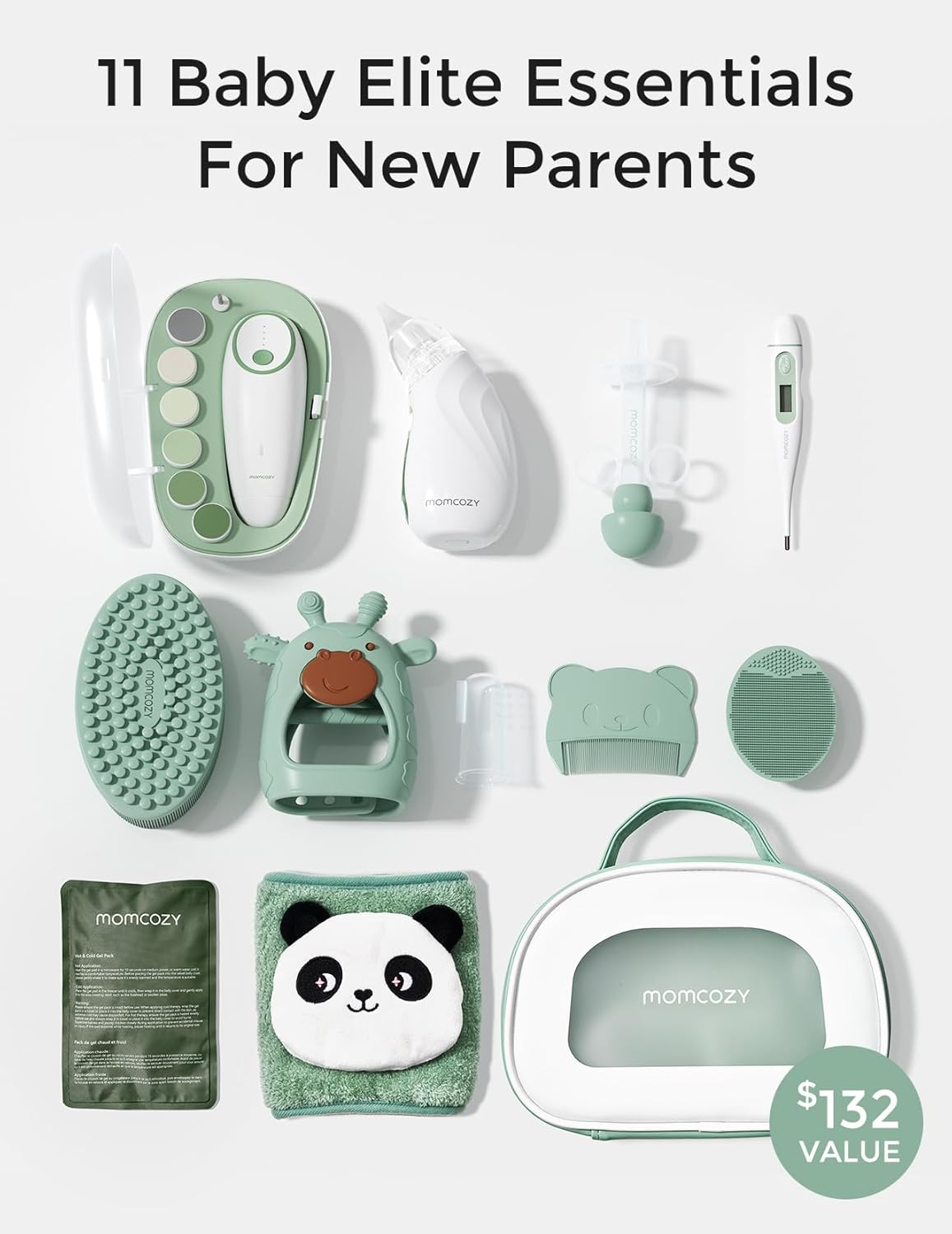 Momcozy Elite Baby Kit, Superior Baby Shower&Registry Essential Kit for Grooming & Health & Cleansing Care, Electric Nail File&Nasal Aspirator, Tummy Wrap, Thermometer, Bath Brush,Teether, Storage Bag