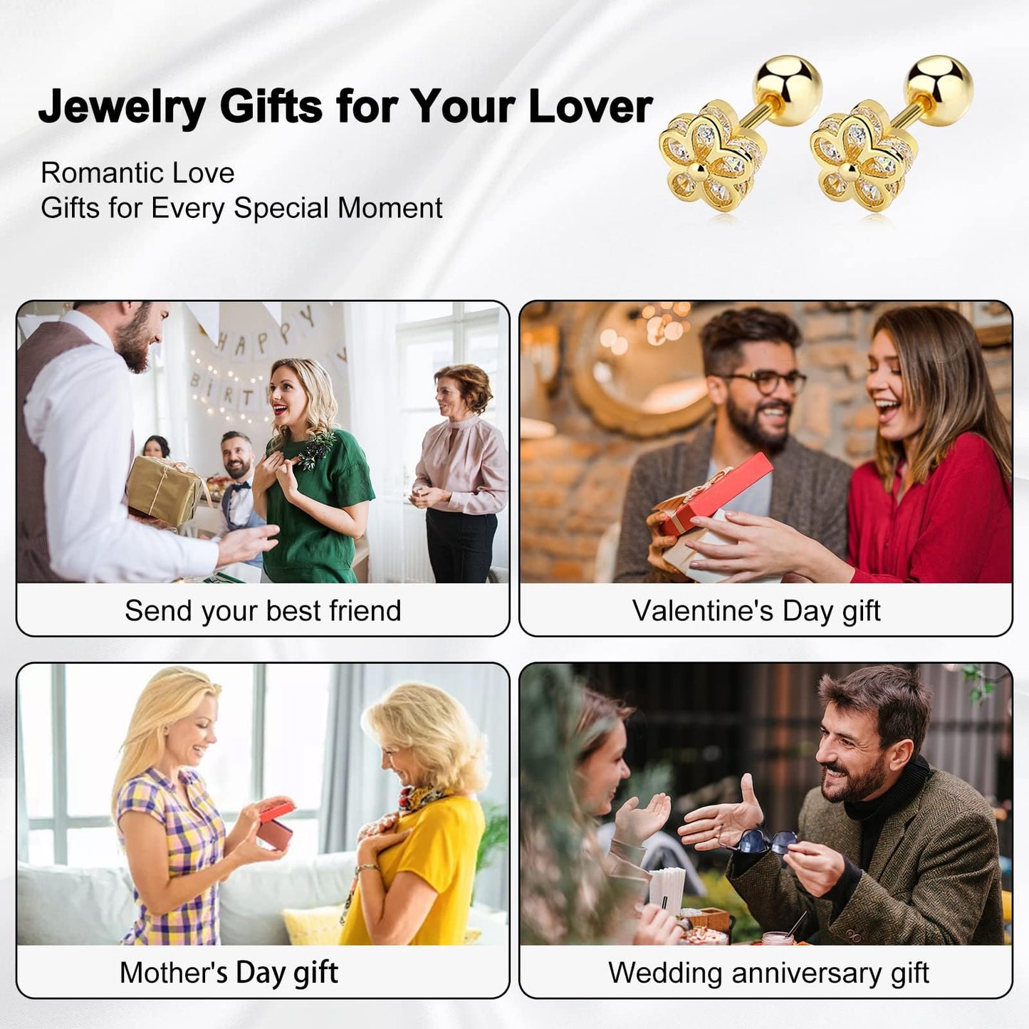 18K Gold Plated Sterling Silver Cubic Zirconia Screw Back Small Trendy Dainty Cute Flower Stud Earrings for Women with Jewelry Rose Box