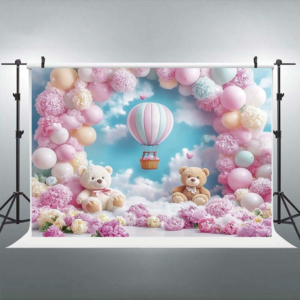 Pink Bear Hot Air Balloon Backdrop Girl Bear Balloons Baby Shower Background Girl 1st Birthday Party Banner Newborn Baby Shower Party Cake Table Decoration Photo Booth Props(Pink, 7x5ft)
