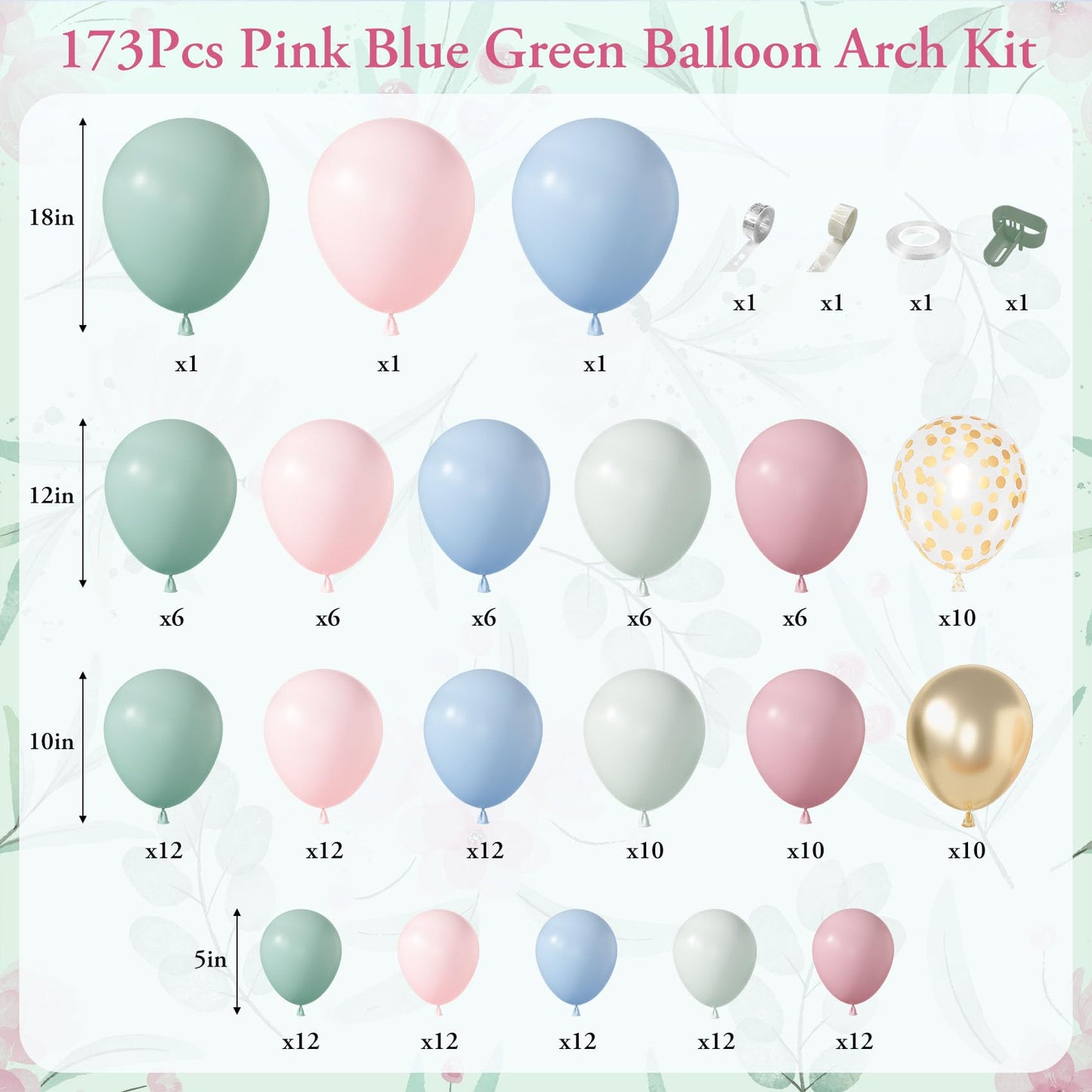 Amandir 173Pcs Pink Blue Green Balloon Arch Garland Kit, Dusty Baby Pink Mauve Pastel Mist Haze Green Blue Gold Confetti Balloons for Baby Shower Gender Reveal Wildflower Birthday Party Decorations