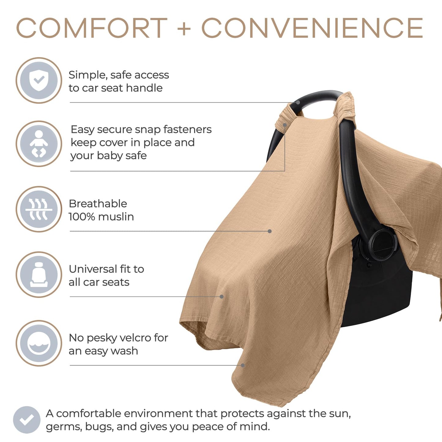 Comfy Cubs Baby Car Seat Cover - Soft, Breathable Bamboo Rayon and Muslin Cotton Blend - Lightweight Canopy for Sun, Bug, and Comfort Protection - Large Size Infant Seat Cover in Sage Design