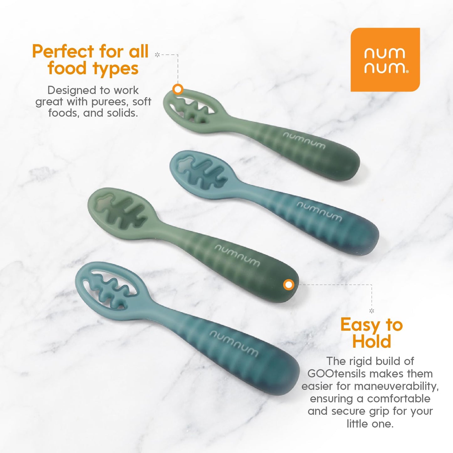 NumNum Baby Spoons Set, Baby Essentials Pre-Spoon GOOtensils for 6+ Months, First Stage Self-Feeding Spoons for Baby Led Weaning (BLW), Silicone Toddler Utensils, BPA-Free, 2 Pack Frosty Lilac/Rosebud