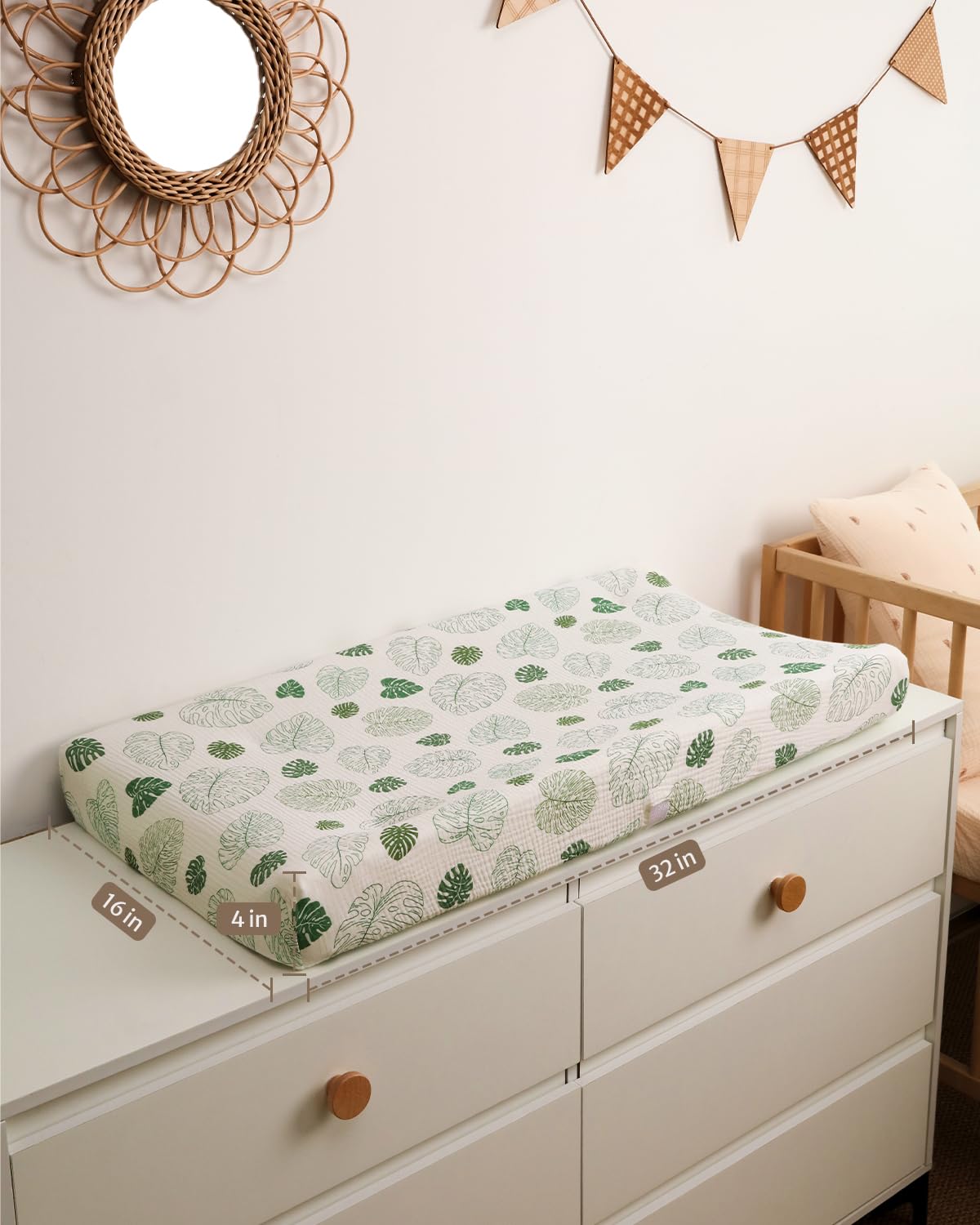 Blissful Diary Muslin Changing Pad Cover for Girls Boys, Ultra Soft Breathable Cotton, Baby Diaper Change Table Pad Covers, 2Pack (Roman Green&Leaf)