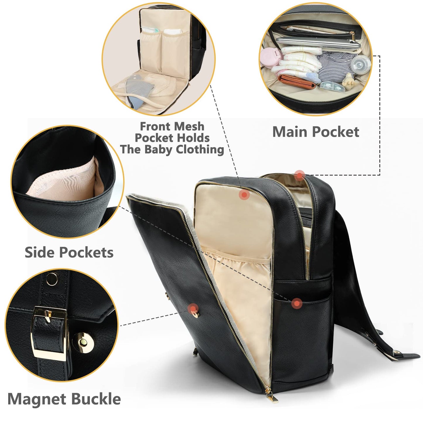 miss fong Diaper Bag Backpack Baby Diaper Bag for baby boy and girls, Leather Baby Bag with 13 diaper bag organizing pouches, Changing Pad, Stroller Straps and 4 Insulated Pockets(Black)
