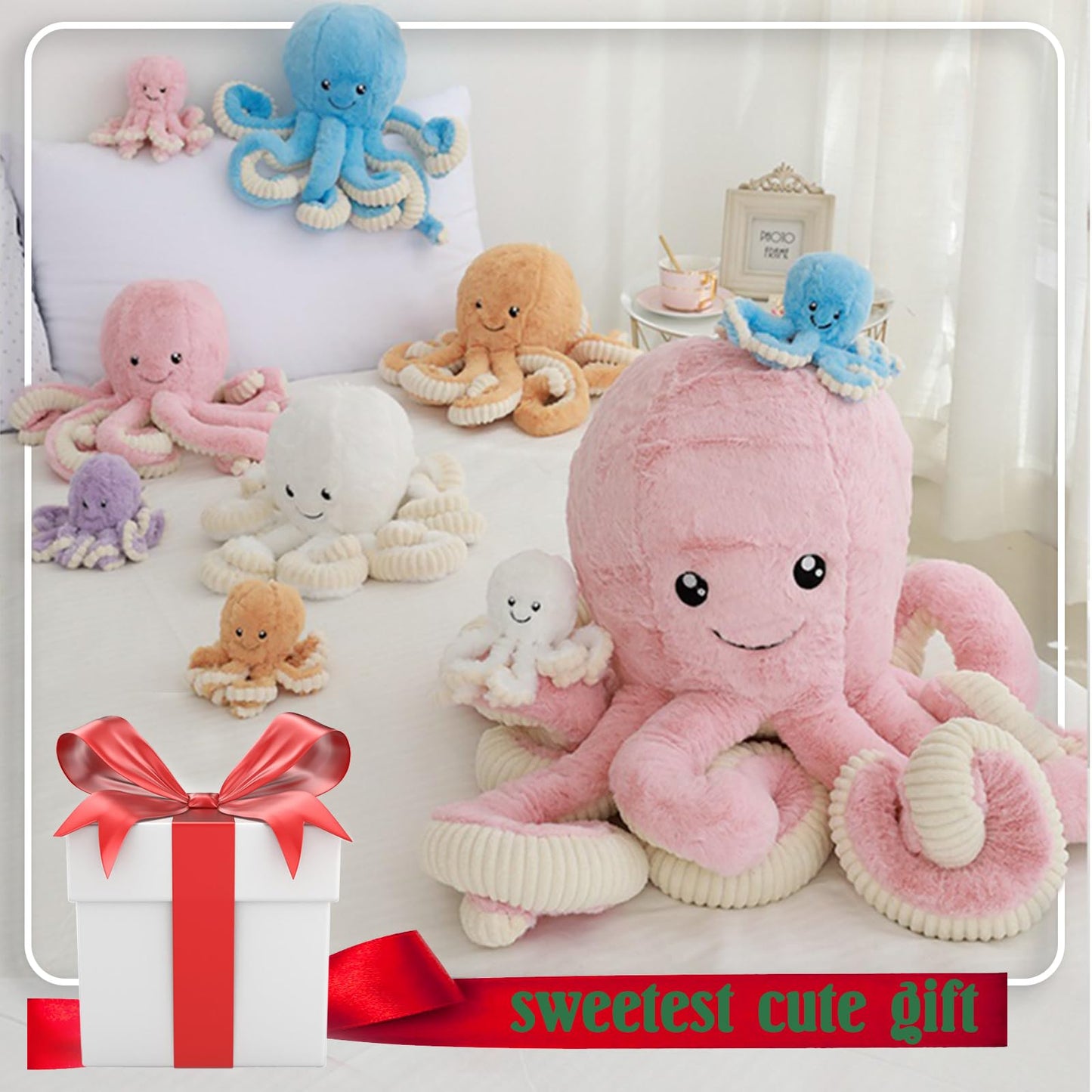 DENTRUN Octopus Stuffed Animals, Giant Octopus Plush Doll Play Toys for Kids Girls Boys Adults Birthday Xmas Halloween Present Stuffed Sea Animals Plushie, 7/16/24/32 Inches, 5 Colors