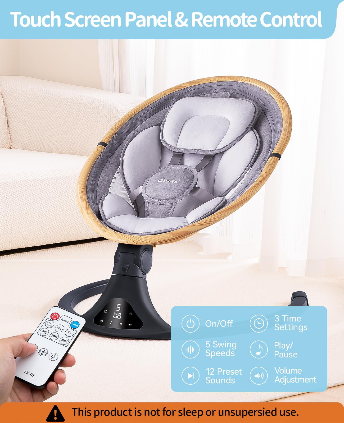 LAREX Baby Swing to Toddler Electric Infant Swing Portable for Newborn Boy Girl, 5 Sway Speeds with Remote Control, 12 Preset Melodies and Bluetooth, 0-6 Months Max 20 Lbs(Dark Wood Grain)