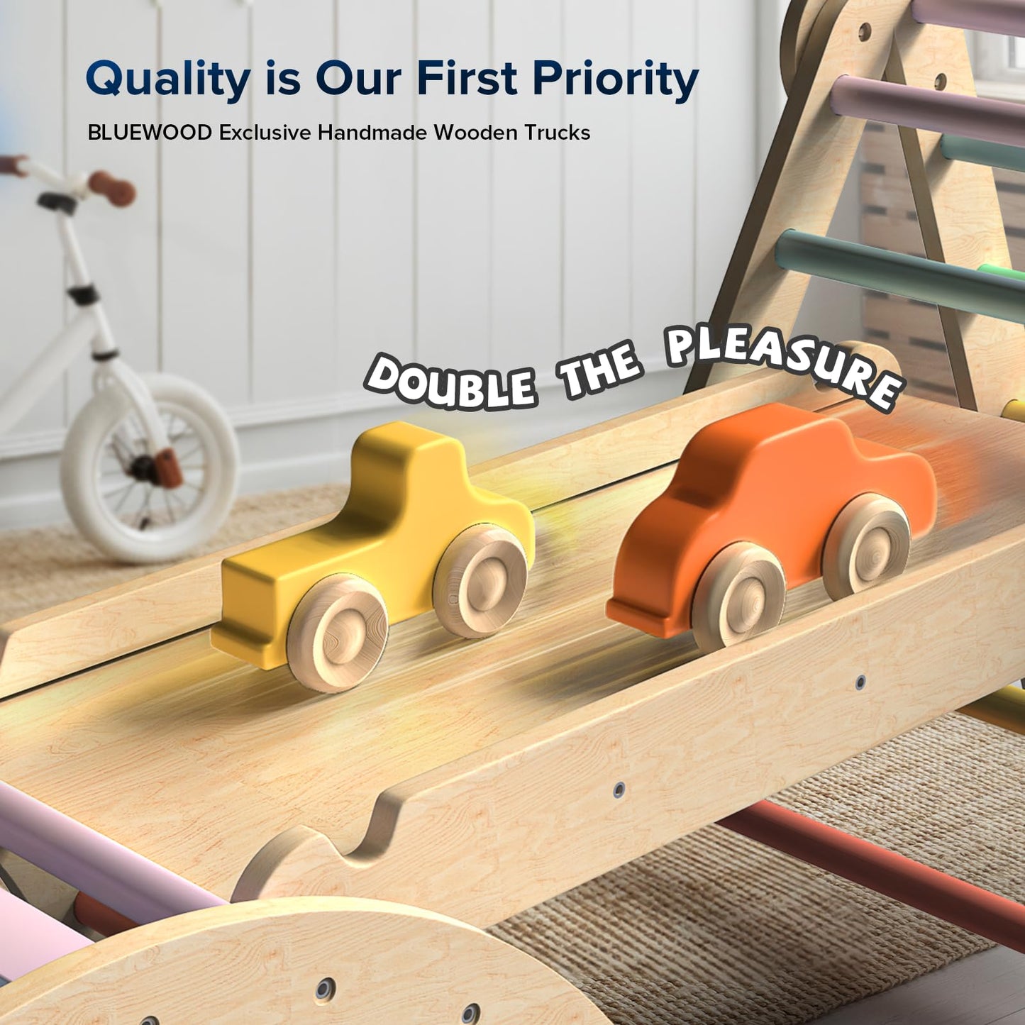 BlueWood Pikler Triangle Set 7-in-1 Foldable Baby Climbing Wooden Toys with Arch&Ramp&Ladder Climber Indoor Jungle Gyms for Toddlers - Rainbow