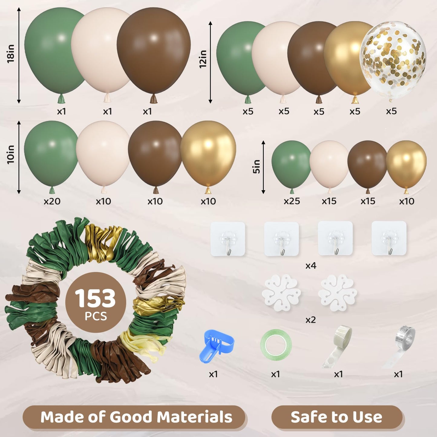 Amandir 153pcs Sage Green Balloon Garland Arch Kit, Different Sizes 18 12 10 5 inch Green Blush Gold Latex Metallic Confetti Gold Balloons for Birthday Baby Shower Wedding Safari Forest Decorations
