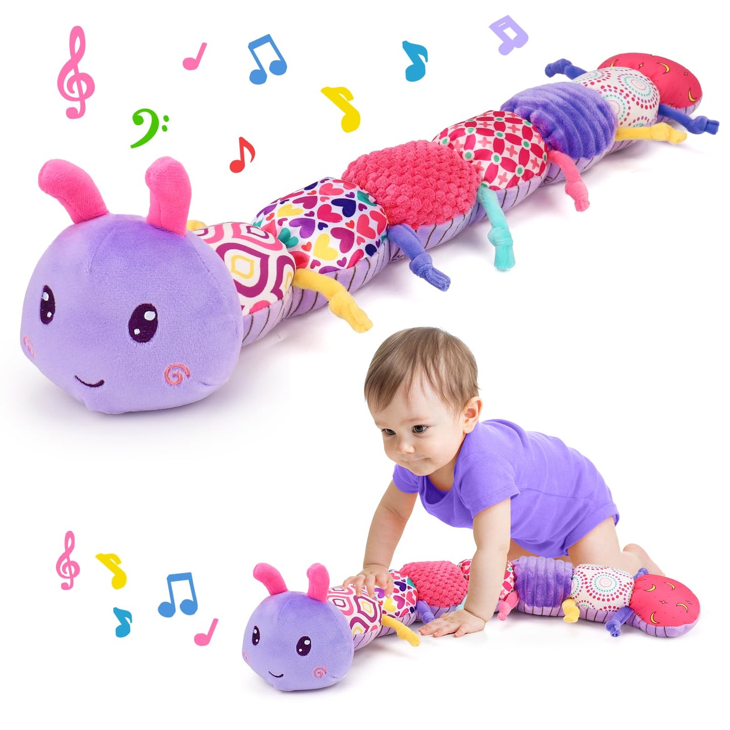 Baby Sensory Toy 0-6 Month Music Animal Stuffed Plush Caterpillar Toy for Infant 0-3-6 Month Tummy Time with Baby Mirror Crinkle Rattle for 6-12 Month Carseat Toy for Newborn Boys Girls Shower Gifts