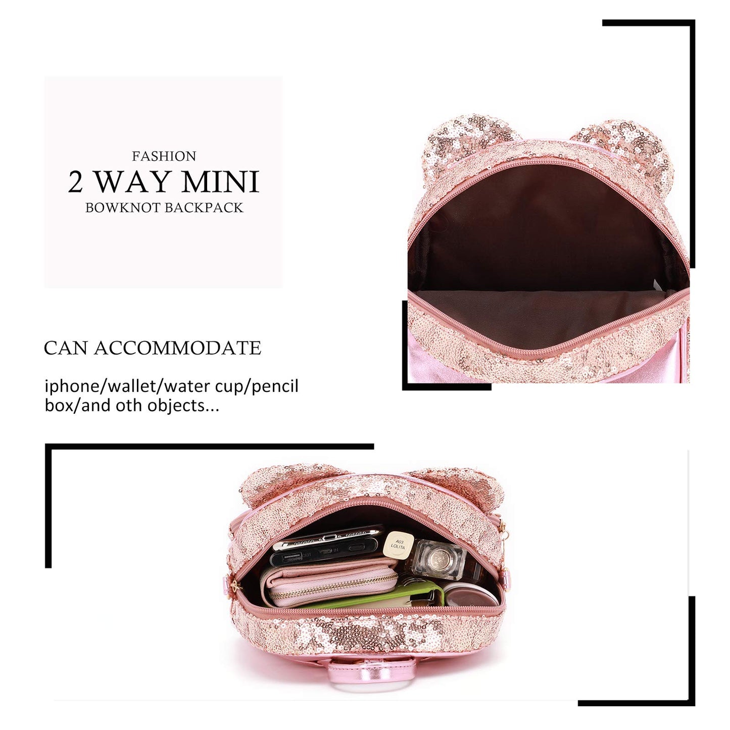 KL928 Girls Bowknot Polka Dot Cute Mini Backpack Small Daypacks Convertible Shoulder Bag Purse for Women