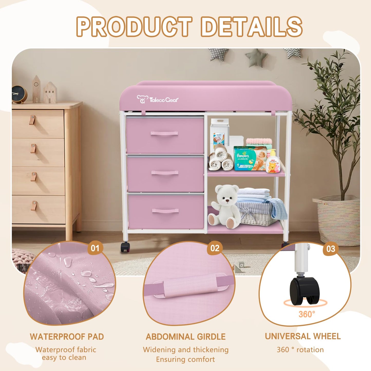 G TALECO GEAR Baby Changing Table, Portable Changing Table, Diaper Changing Station with Waterproof Pad, Changing Table Dresser with 3 Storage Baskets, Mobile Nursery Organizer for Newborn Essentials