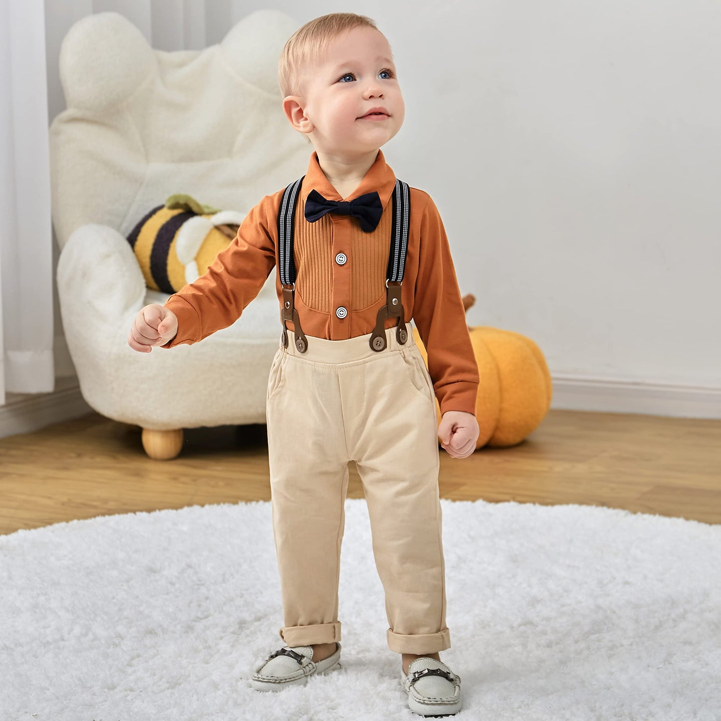 YUEMION Baby Boy Clothes Wedding Outfit Suits, 0-18 Months Infant Boy Gentleman Set, Dress Shirt+Vest+Suspender Pants+Bowtie