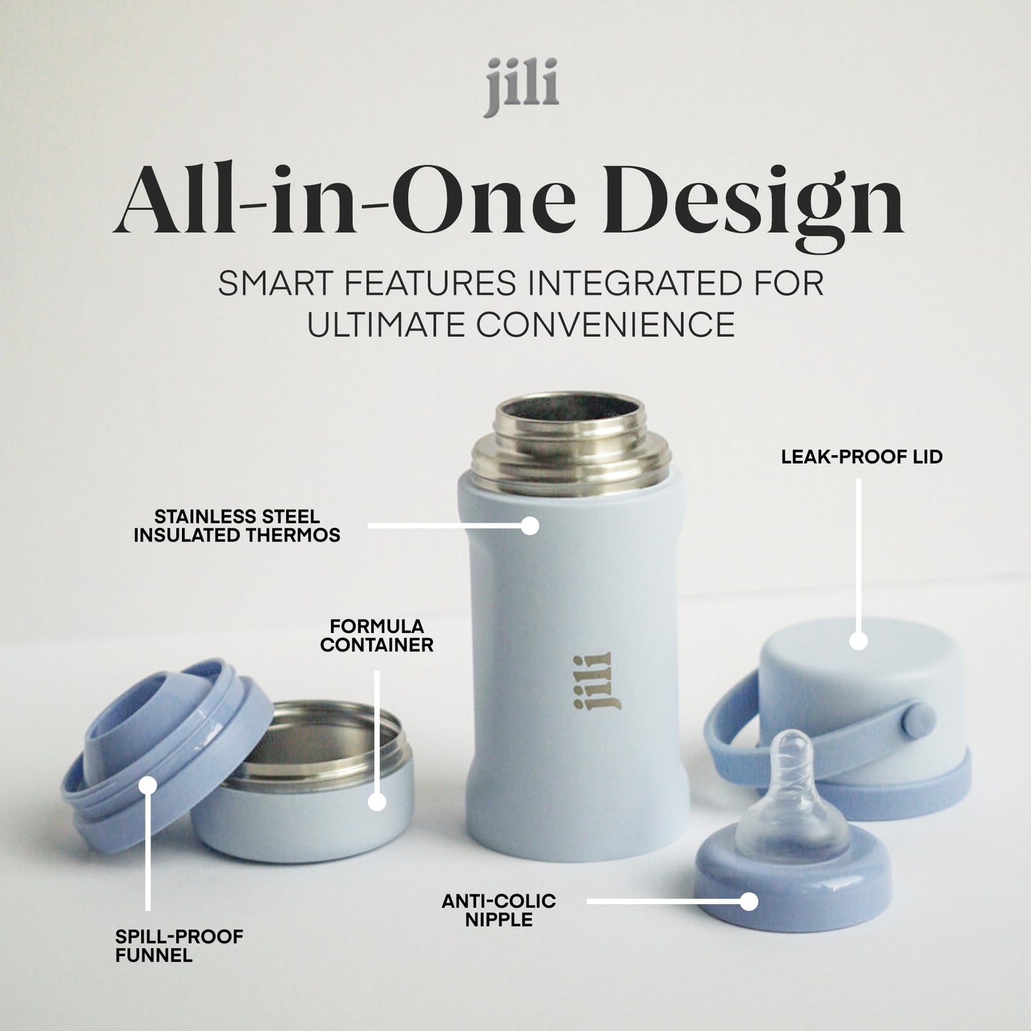 Jili All-in-One Baby Bottle, Insulated Stainless Steel Bottle with Formula Container, Anti-Colic Nipple, and Leak-Proof Lid, Baby Essentials for Travel, BPA and Phthalates-Free, Almond, 11 oz.