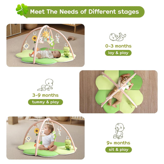 Baby Play Mat, Tummy Time Mat for Sensory Development, 4-Leaf Clover Baby Play Mat & Gym with 9 Detachable Toys, Portable & Easy to Clean, 0-9+ Months