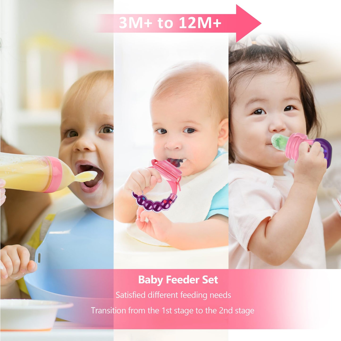 Food Feeder for Baby, Fruit Feeder Pacifier (3 Pcs) with 6 Different Sized Silicone Pacifiers 1 PCS Silicone Baby Food Dispensing Spoon 90ML with 1 PC Baby Spoons 1 PC Pacifier Clip Baby Feeding Set
