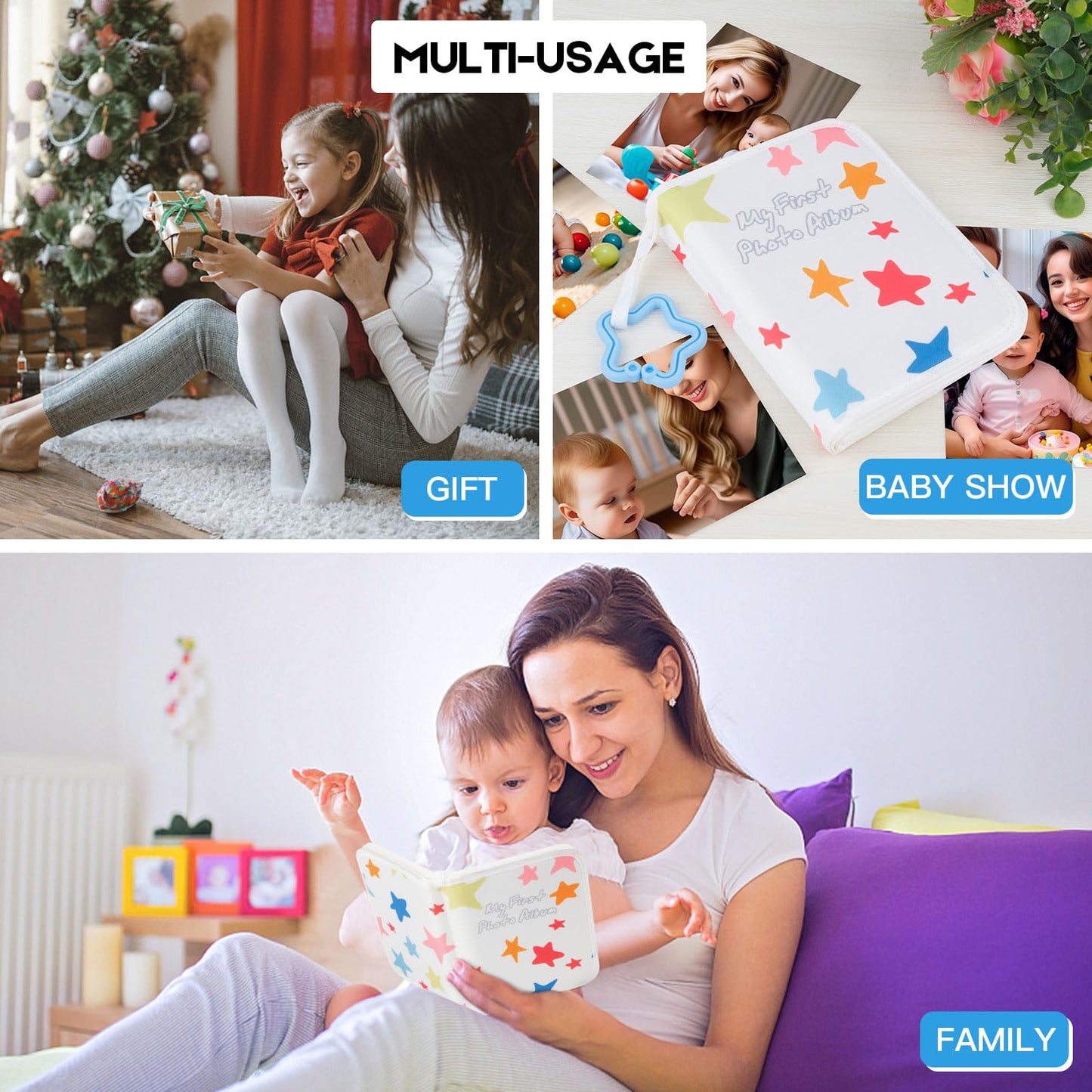 Baby's My First Photo Album for Baby Holds 21 4x6 Photos, Baby Photo Album Soft Cloth Family Book, My First Family Album for 4x6 Baby Shower Kids Toddlers Family Pictures, Toddler Photo Album (Blue)