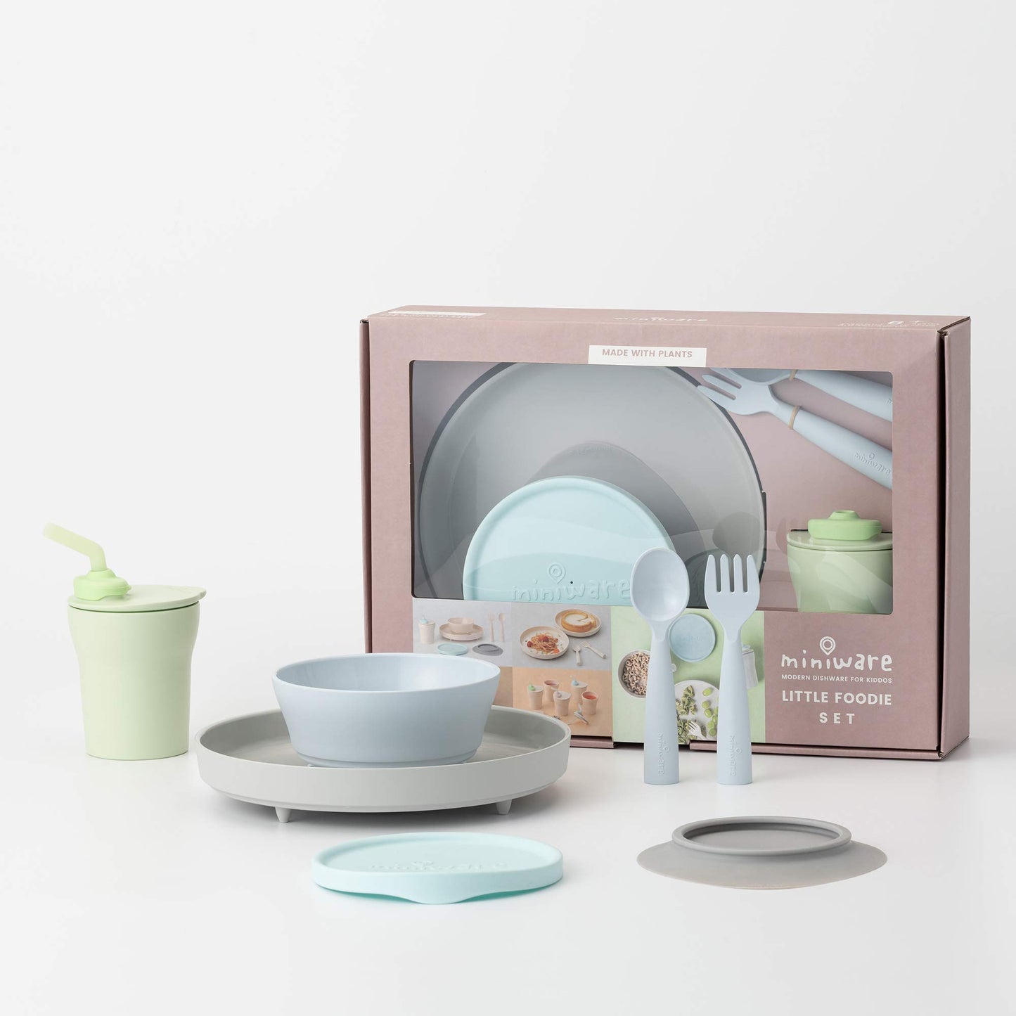 Miniware Little Foodie Set with Cereal Bowl, Sandwich Plate, My First Cutlery Set, 1-2-3 Sip Cup, and Detachable Suction Foot for Baby Toddler Kids (Little Camper)