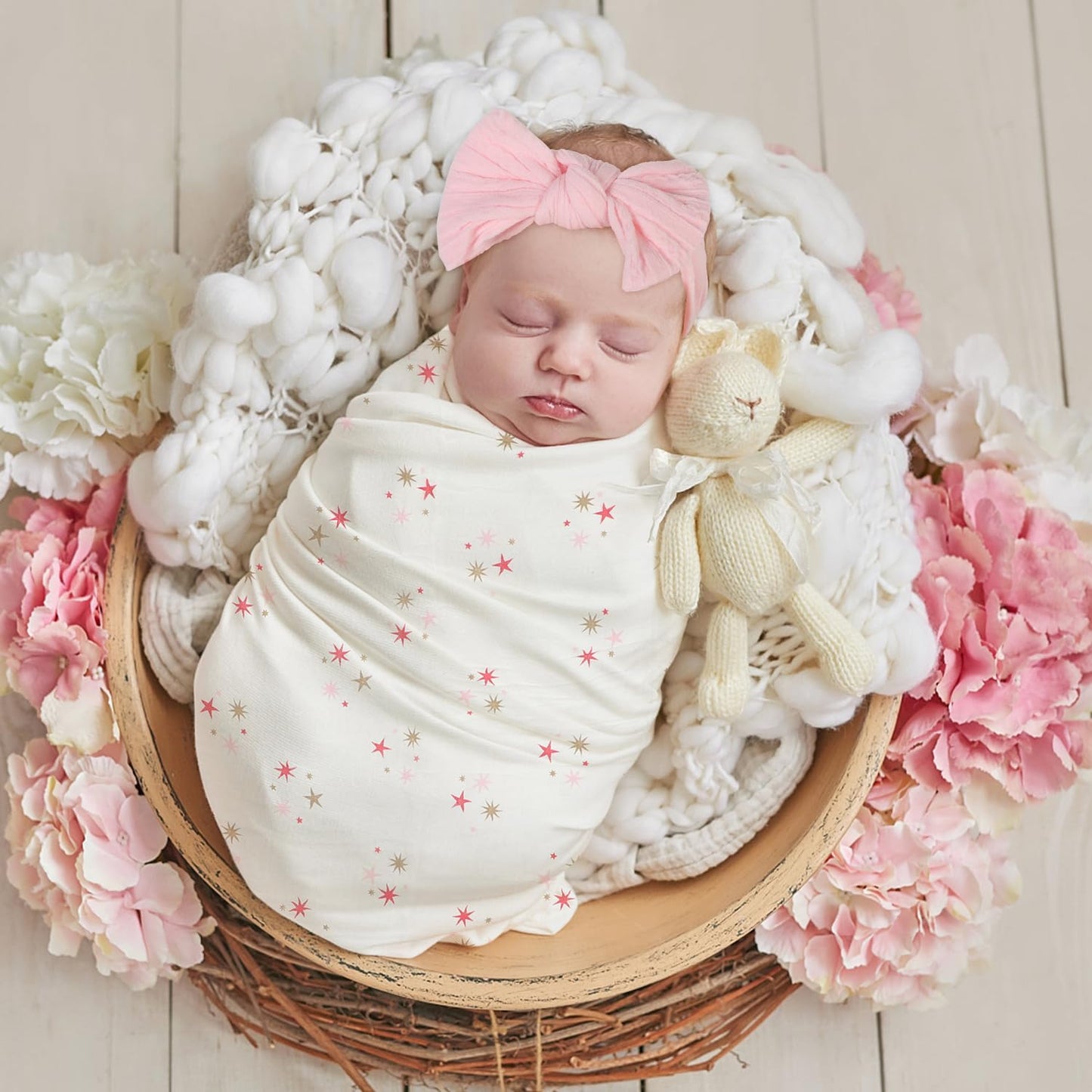 Baby Gift Set for Newborn, Baby Shower Gifts, Wooden Baby Gift Basket Essentials Includes Infant Swaddle Blanket Onesies Rattle Toy Hair Bursh, New Born Baby Christmas Gifts for Girls Boys