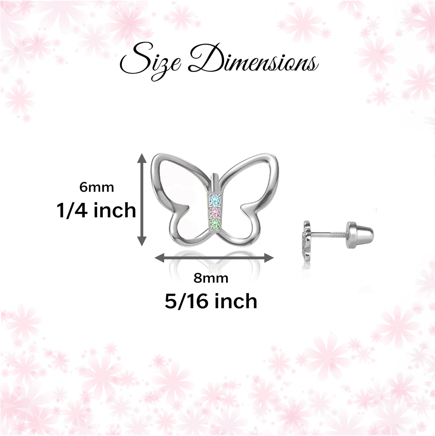 Cherished Moments Children's Sterling Silver Butterfly Screw Back Earrings with Pink or Rainbow CZs for Babies, Little Girls, Kids and Toddlers