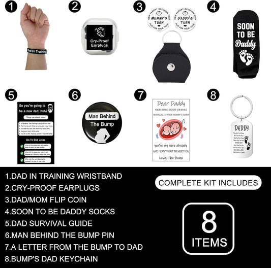 Funny New Dad Gift Set – 8-Piece First-Time Dad Kit for Baby Shower & Gender Reveal – Includes Socks, Decision Coin, Keychain, Guide Card, Wristband & More – Unique Gift for Expecting Fathers!