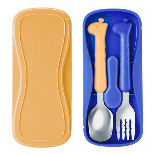 lohodo Toddler Utensils Kids Spoon and Fork Set 18/8 Stainless Steel Silverware BPA Free Pink & Purple Cute Giraffe Child Flatware with Travel Case for Age 3+