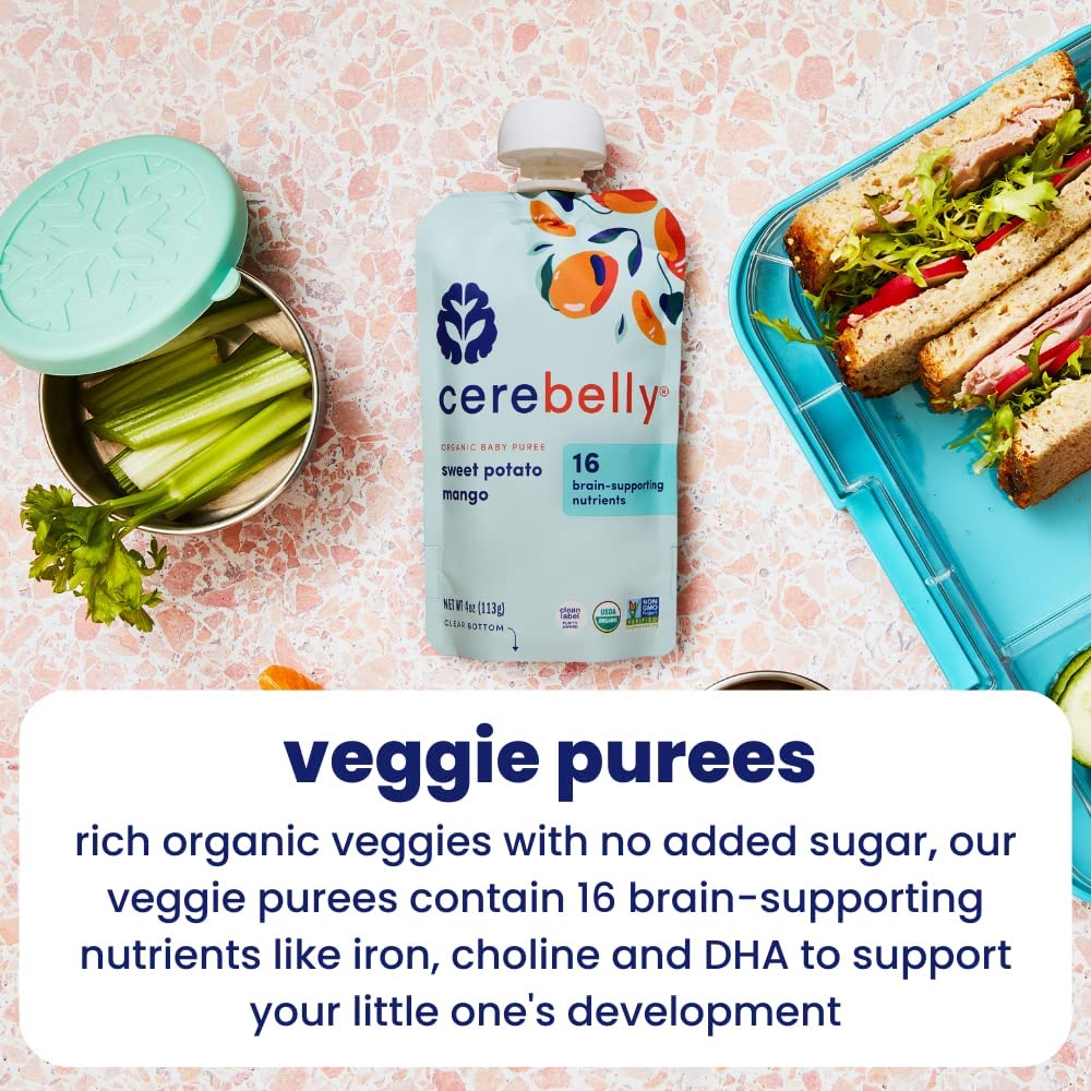 Cerebelly Organic Baby Food Pouches Variety Pack – Organic Veggie Purees for Toddlers | No Added Sugar, Fiber, Non-GMO | Blended Toddler Pouches | 4 Ounce BPA-Free Pouch | 4 Flavors | 8 Count