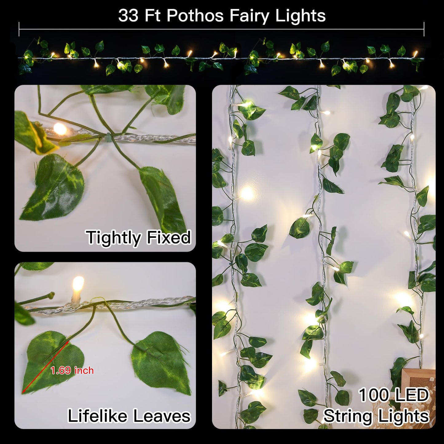 suddus Vine with Fairy Lights Battery Operated, 33ft 100 LED Ivy String Lights with Remote, Leaf Lights for Bedroom, Room, Wall, Garden, Party, Wedding Decor (Warm White)