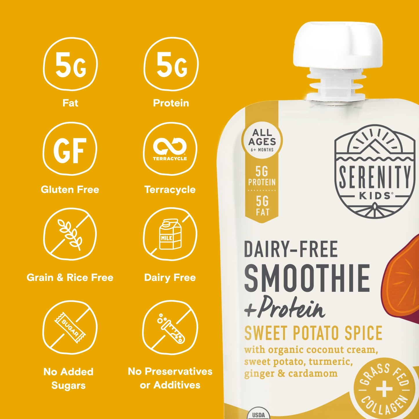 Serenity Kids 6+ Months Dairy-Free Smoothie Baby Food | USDA Organic | Grass Fed Collagen Protein | 3.5 Ounce BPA-Free Pouch | Berry Butternut | 12 Count
