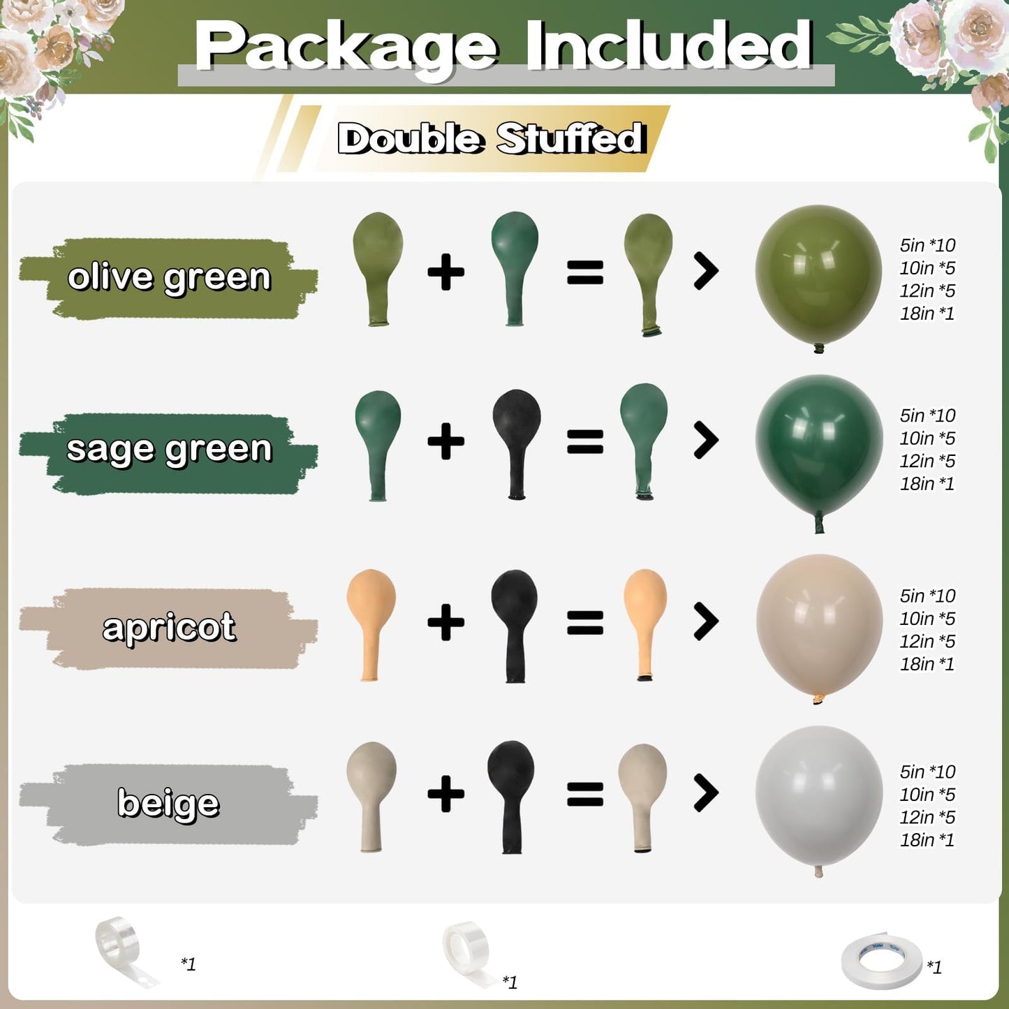 Sage Green Balloons Arch Double Stuffed, Olive Dusty Green Brown Beige Neutral Balloon Garland Kit, White Sand Apricot Tan Latex Balloon for Baby Shower Birthday Jungle Safari Party Decoration