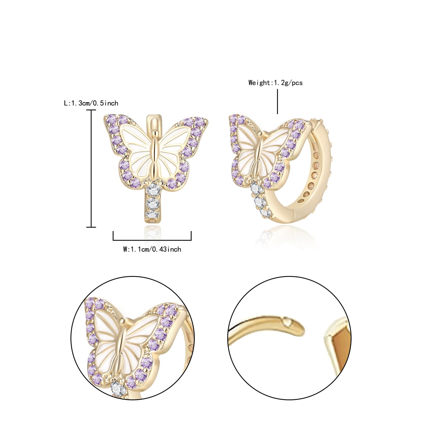 Butterfly Earrings for Women Hypoallergenic CZ 14K Gold Plated Butterflies Huggie Hoop Earring Small Tiny Hoops