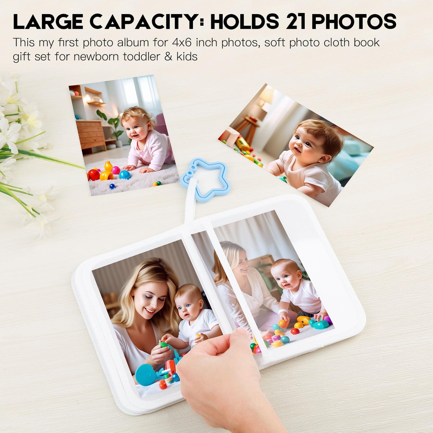 Baby's My First Photo Album for Baby Holds 21 4x6 Photos, Baby Photo Album Soft Cloth Family Book, My First Family Album for 4x6 Baby Shower Kids Toddlers Family Pictures, Toddler Photo Album (Blue)