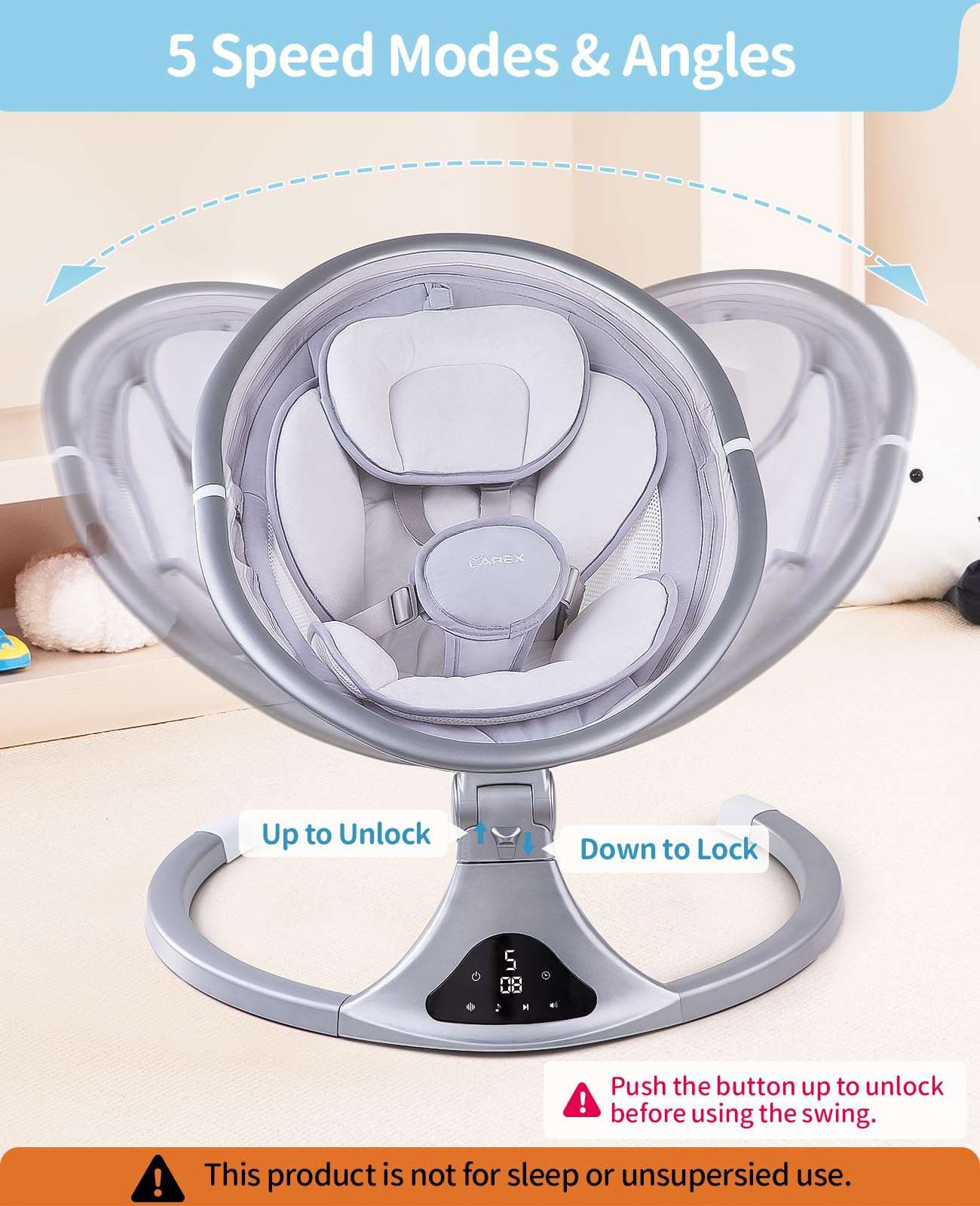 LAREX Baby Swing to Toddler Electric Infant Swing Portable for Newborn Boy Girl, 5 Sway Speeds with Remote Control, 12 Preset Melodies and Bluetooth, 0-6 Months Max 20 Lbs(Dark Wood Grain)