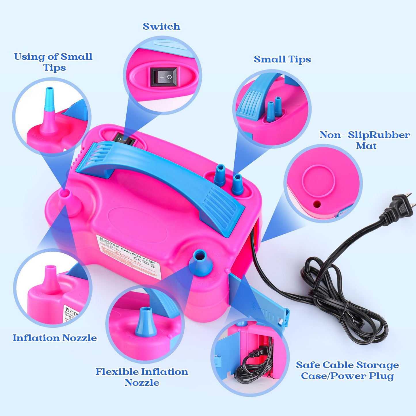 Balloon Pump Electric, Portable Automatic Dual Nozzle Inflator 110V 600W with Tying Tools for Birthday Gender Reveal Baby Shower Balloons Party Decorations