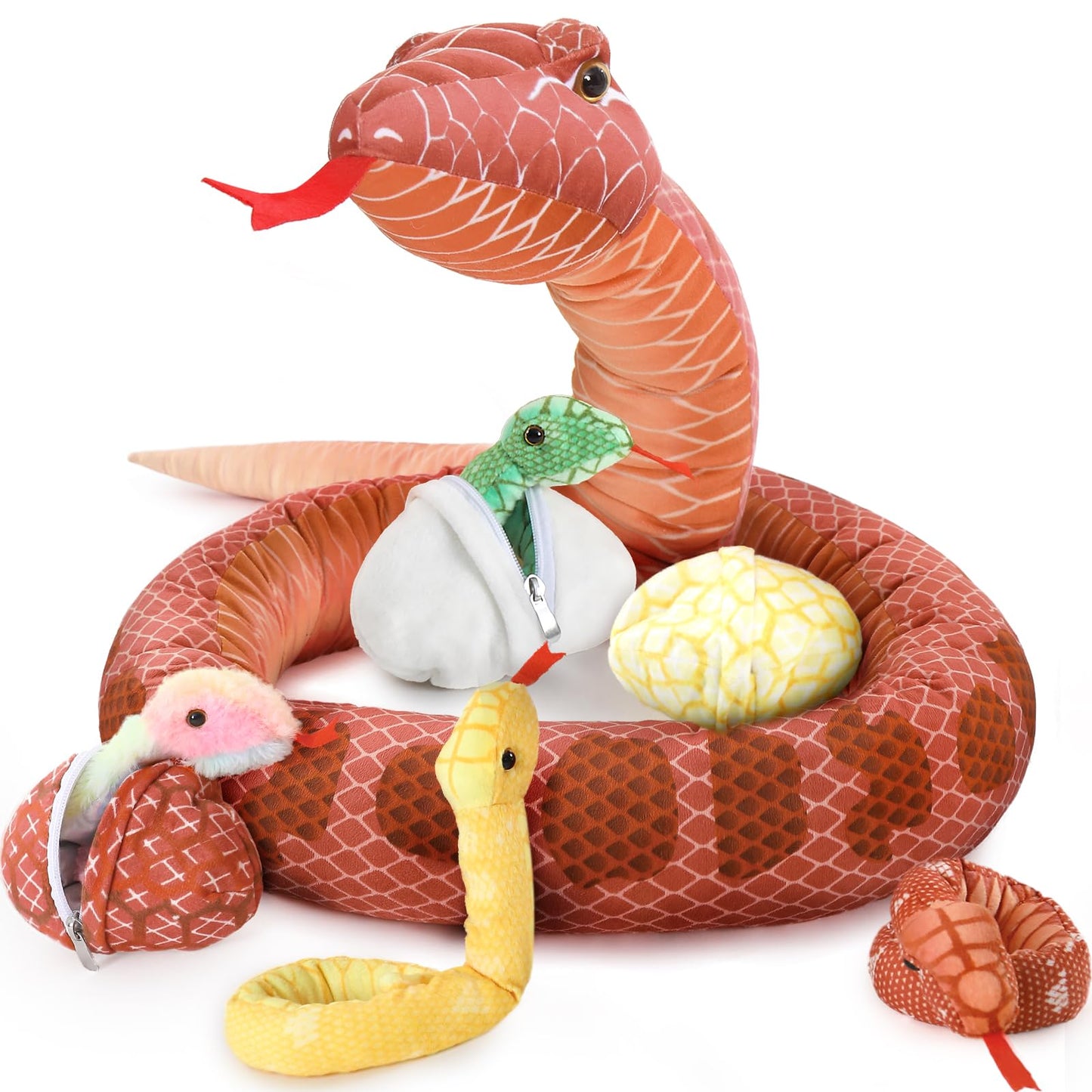 MorisMos Snake Stuffed Animals Plush Toy 120 Inch Giant Snake Plush with Babies Stuffed Snake Toys for Kids Plush Party Decorations Favors Prank Props, 4 Snake Babies, 3 Snake Eggs