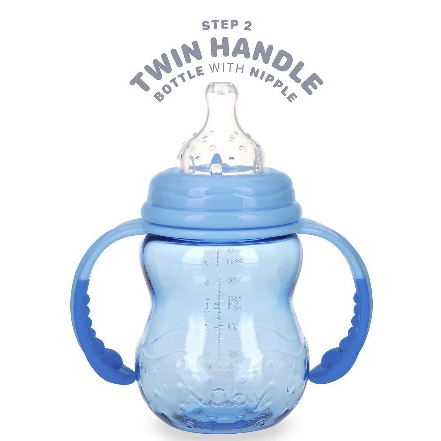 Nuby 3 in 1 Baby Bottle to Training Sippy Cup - 8 Oz Toddler Cups Spill Proof with Soft Spout, Nipple & Removable Grip Handles - Dishwasher Safe (Blue)
