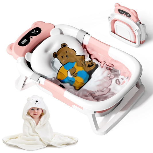 Collapsible Baby Bathtub for Newborn to Toddler (0-18 M) - Portable Baby Tub with Thermometer, Newborn Bathtub with Soft Towel and Floating Cushion (Brown)
