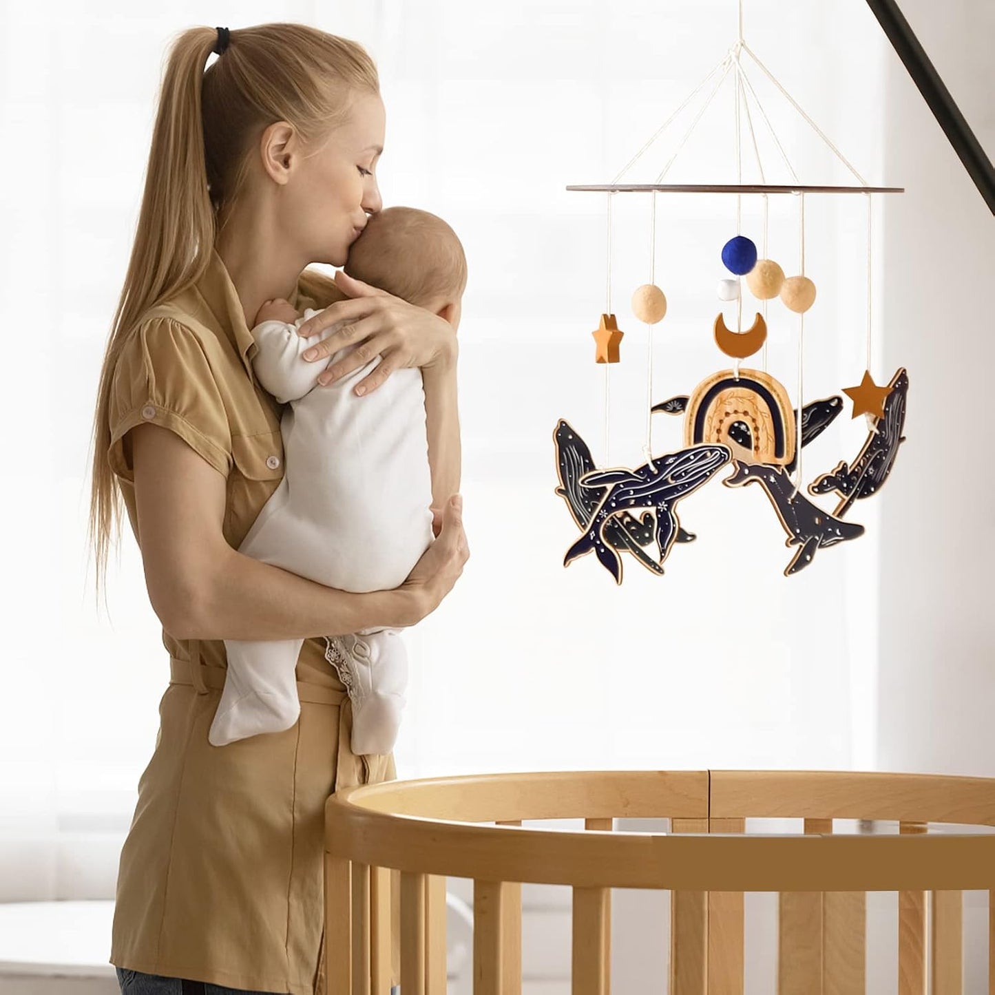 Wooden Crib Mobile Arm | Baby Crib Mobile Arm Wooden Holder | Rotatable Adjustable Anti Slip Attachment Clamp for Sturdy Mobile Hanger (Curved Arm)