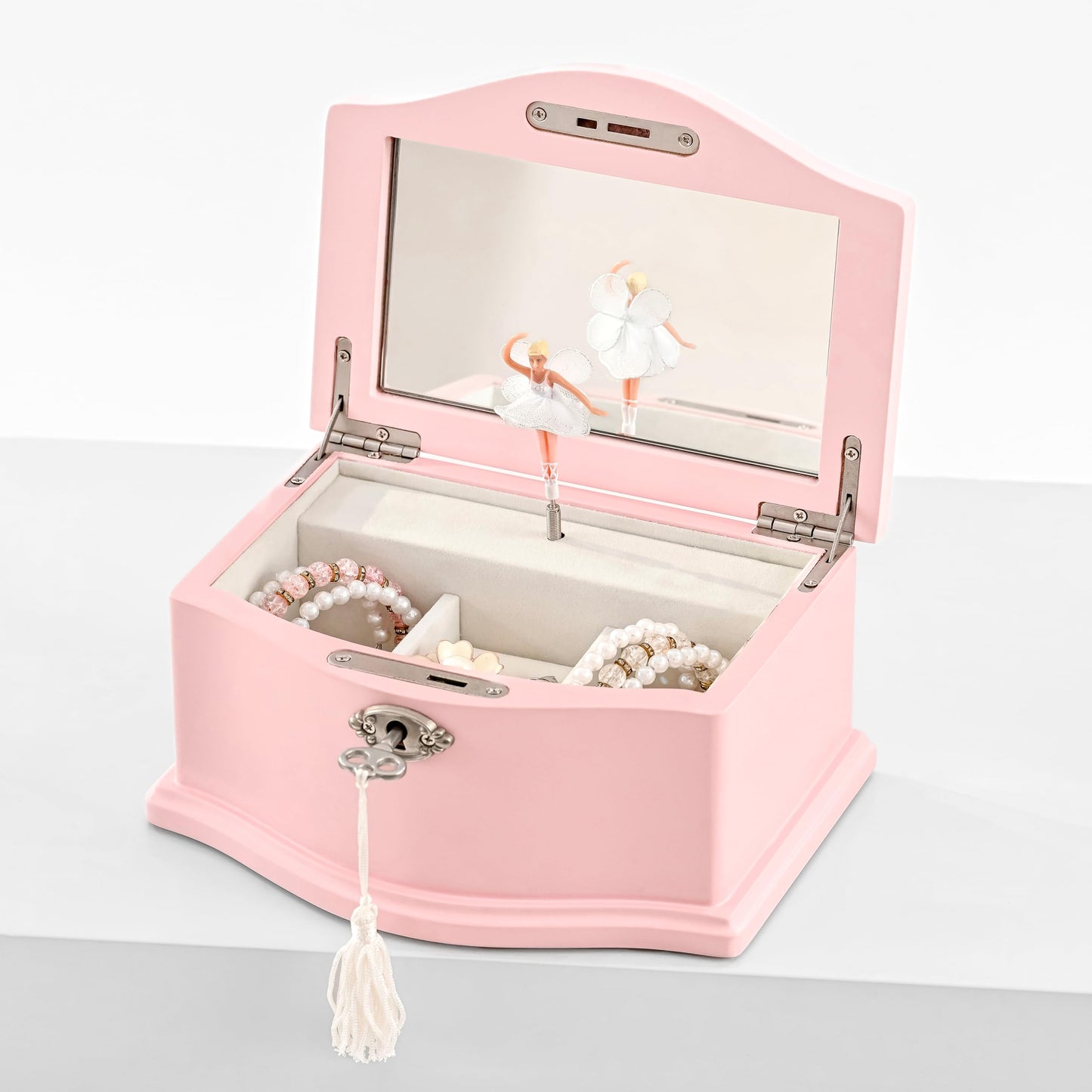 Wooden Musical Jewelry Box for girls with Mirror and Key Lock, Gift for Kids on Birthdays and Holidays (Pink, Small) (Beige, Small)