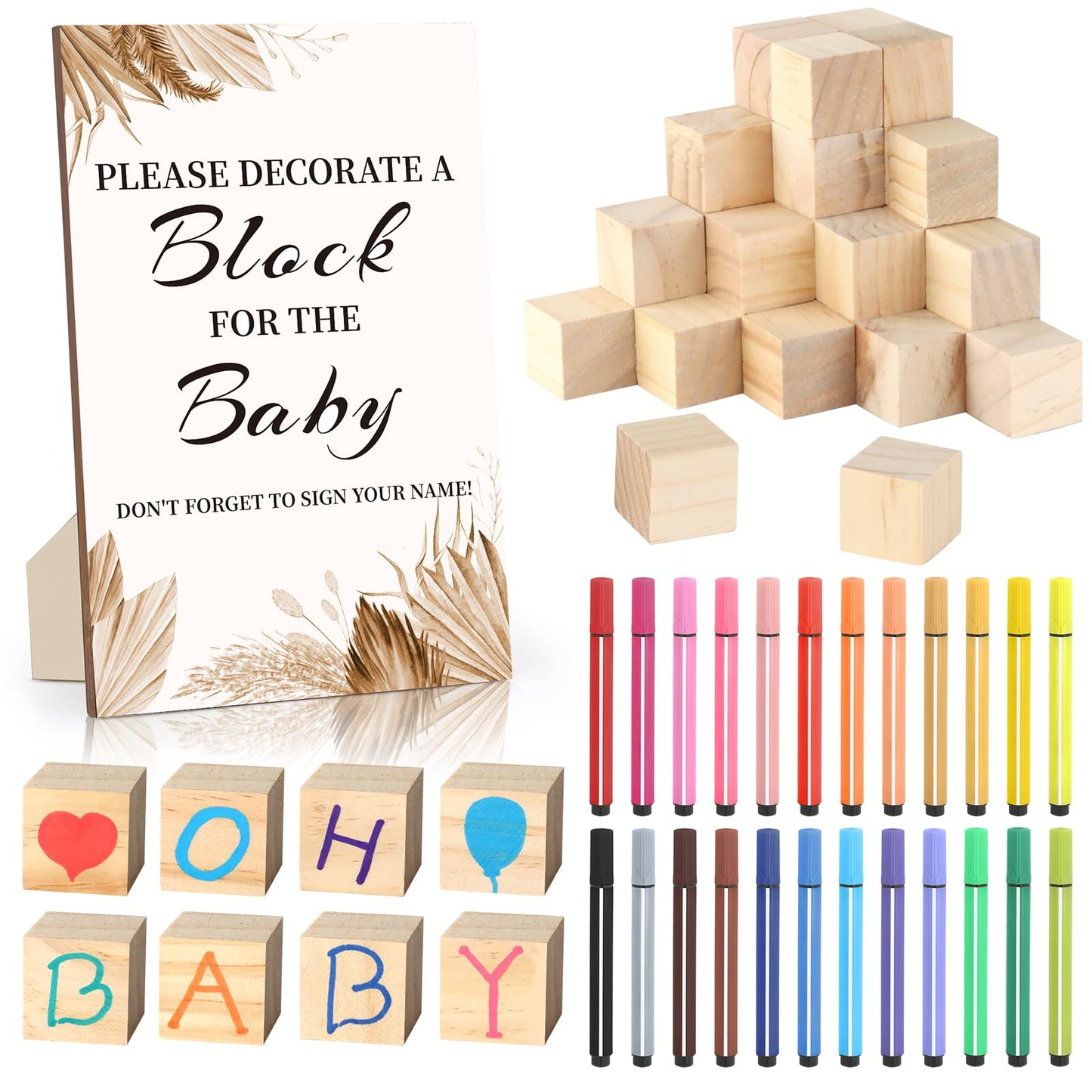 Baby Shower Games Sign Kit with 50 Blank Wooden Baby Blocks, 24 Acrylic Paint Marker and Wooden Sign, Blocks for Baby Shower, Gender Reveals Party(Green)