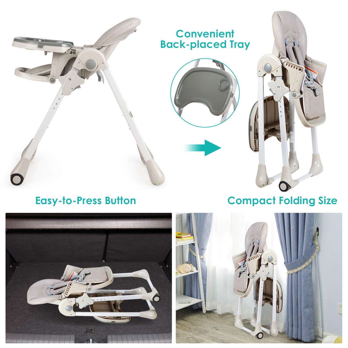 BABY JOY Convertible High Chair for Babies & Toddlers, Height Adjustable, Grow & Go High Chair w/Recline & Footrest, Removable Double Tray, Portable Baby Dinning Chair with Wheels (Beige)