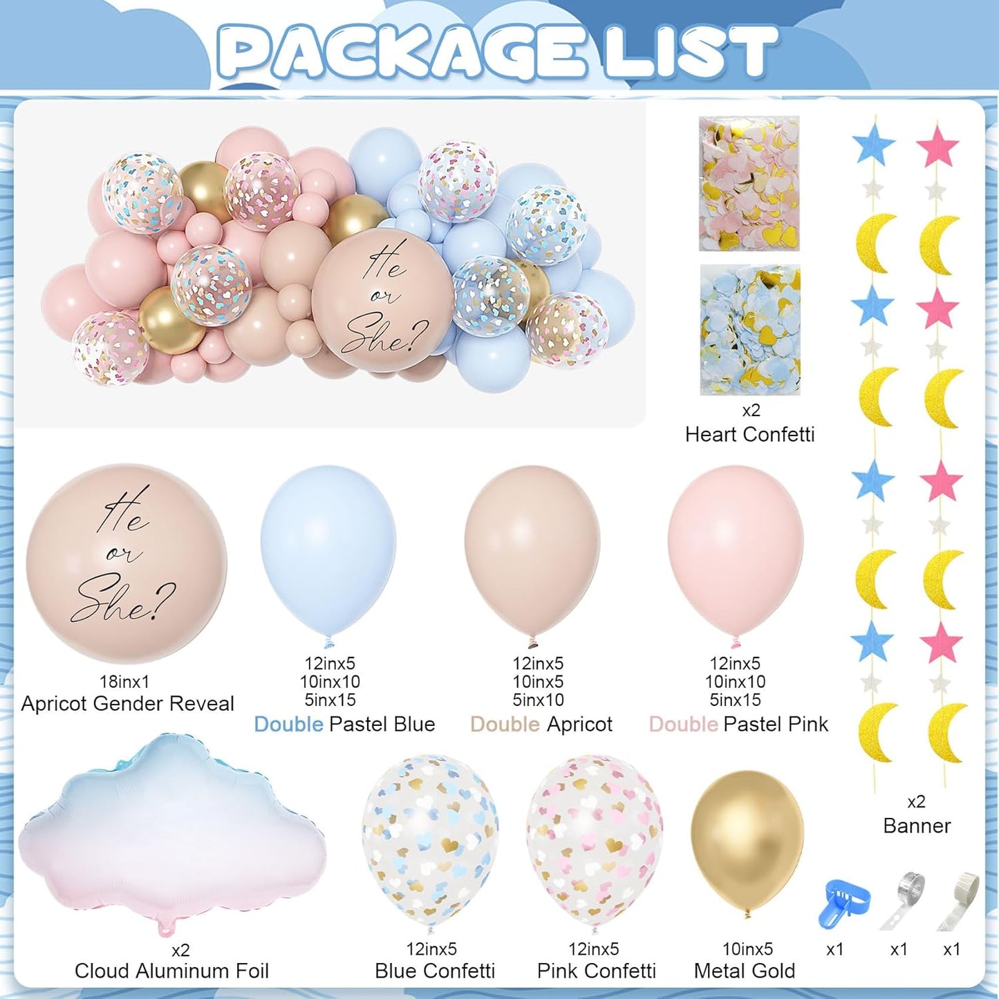 Amandir 185Pcs Gender Reveal Decorations, Double-Stuffed Pastel Pink and Blue Brown Nude Balloon Arch Kit White Cloud Hanging Moon Star Garland Boho Neutral Boy or Girl Bear Baby Shower Party Supplies