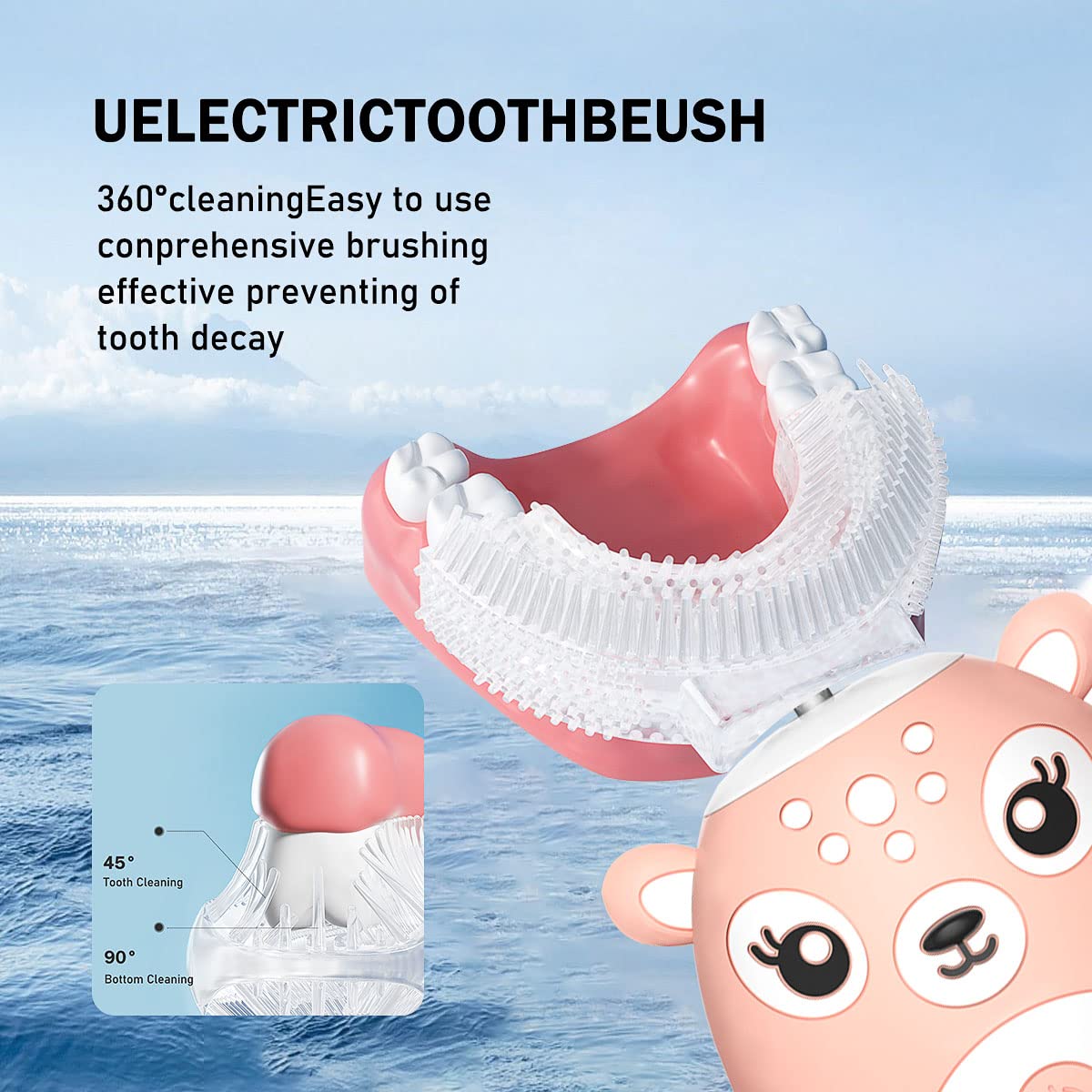 Kids Electric Toothbrush U Shaped Toddler Auto Sonic Toothbrushes with 5 Brush Head,Cartoon Dinosaur Ultrasonic Toothbrushes for Children 2-12 Years,360° Full Mouth Cleaning Automatic