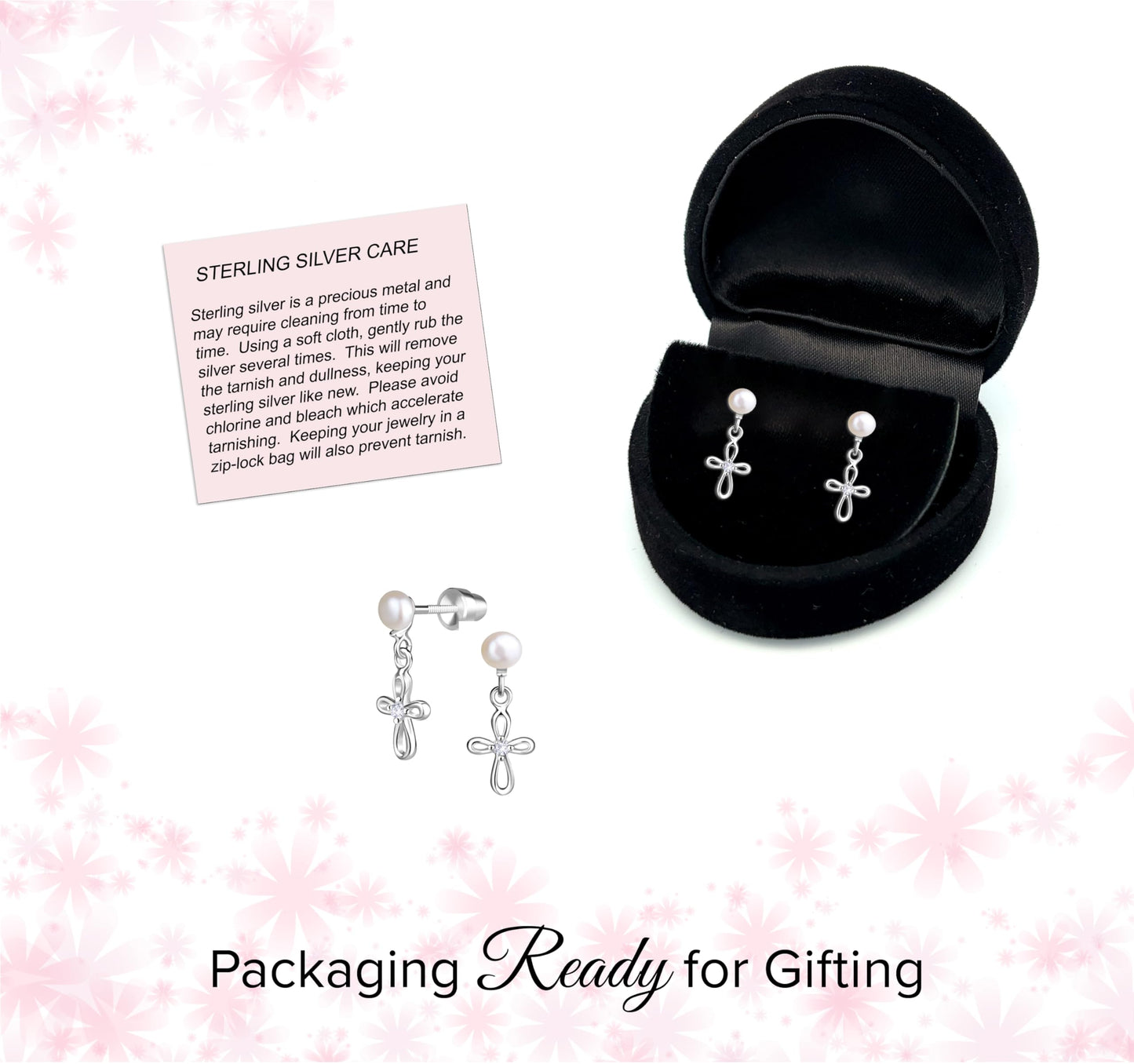 Cherished Moments Children's Sterling Silver Cultured Pearl or CZ, Dangling Cross Earrings with Screw Backs for Baptism, Christening, First Communion Gift for Babies, Kids, Toddlers, and Little Girls