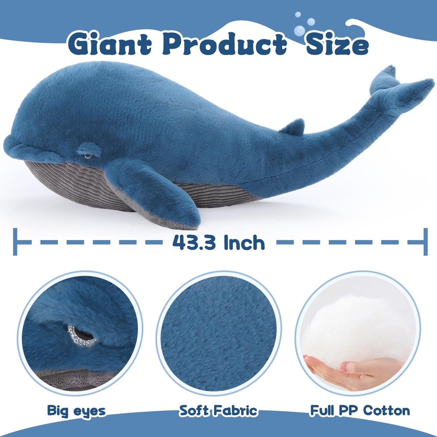 Tezituor 43.3 inch Giant Whale Stuffed Animal, Large Stuffed Whale Plush Ocean Toys, Hugging 4ft Soft Whale Plush Pillow for Girls Boys