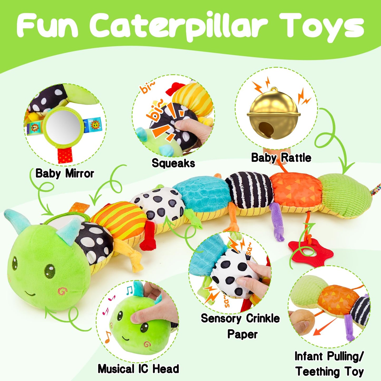 Baby Sensory Toy 0-6 Month Music Animal Stuffed Plush Caterpillar Toy for Infant 0-3-6 Month Tummy Time with Baby Mirror Crinkle Rattle for 6-12 Month Carseat Toy for Newborn Boys Girls Shower Gifts