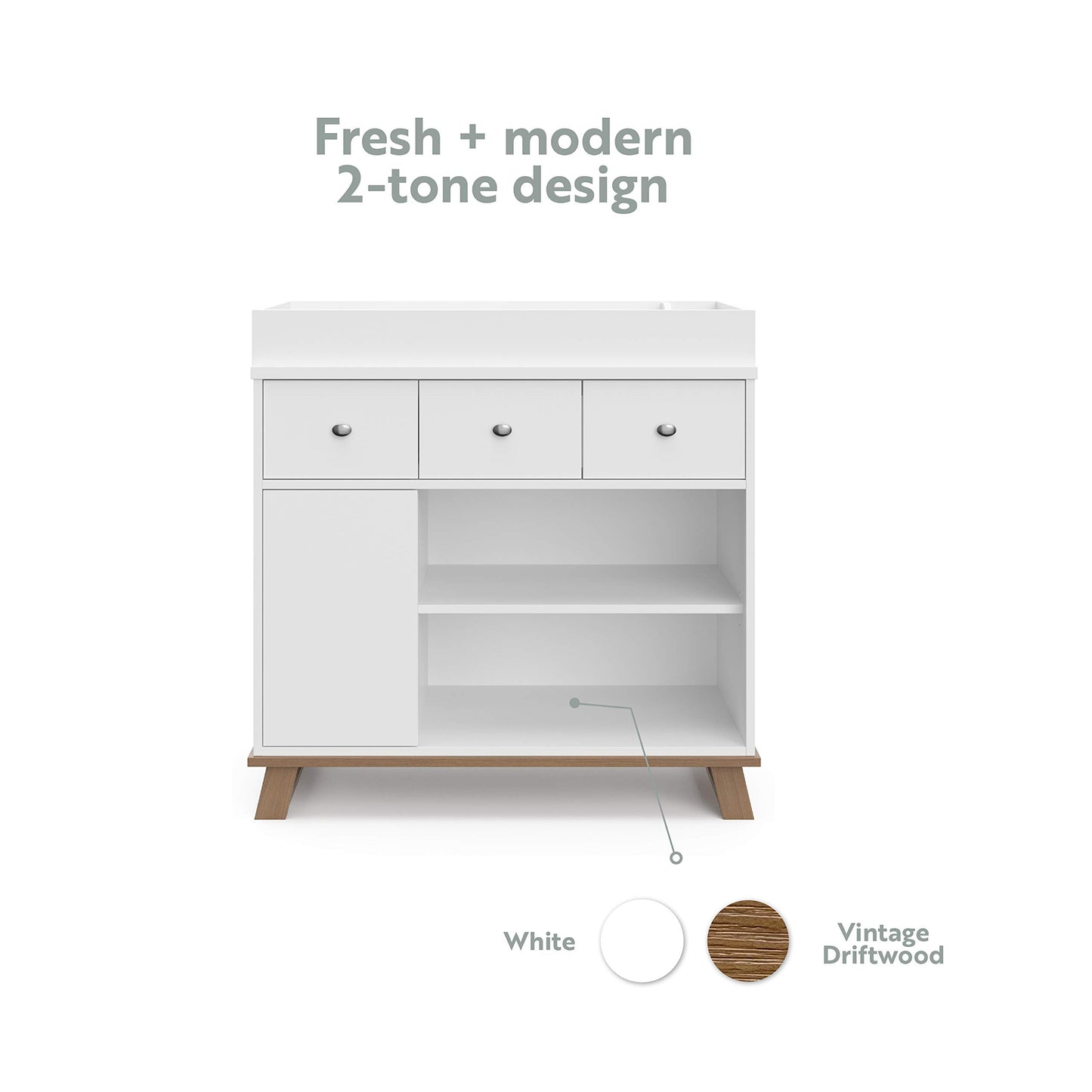 Storkcraft Modern Nursery Changing Table Dresser (White with White) – GREENGUARD Gold Certified, Dresser for Nursery, Changing Table With Drawers