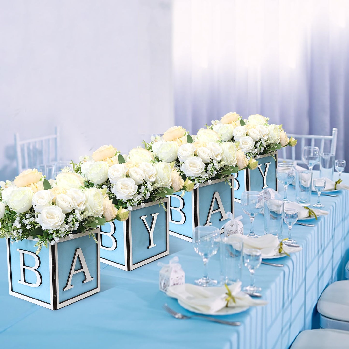 4 Set Baby Shower Centerpieces for Tables - 6 inch Wooden Boxes with Baby Letters Rustic Cube Planter Wood Blocks for Boy Girl Gender Reveal Party Favor (Blue)